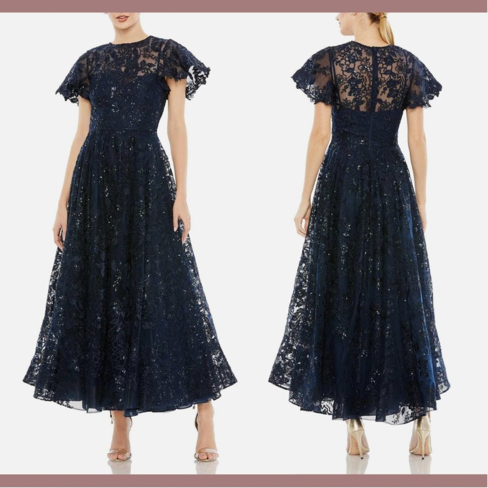 NWT$698 Mac Duggal [ 16 ] Embroidered High Neck Cap Sleeve A Line Gown Navy Blue